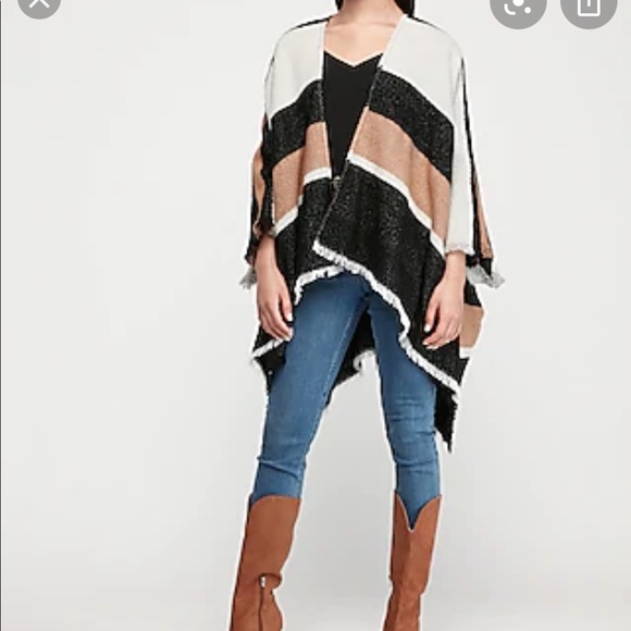 Express Sweaters - EXPRESS Striped Fringe Poncho